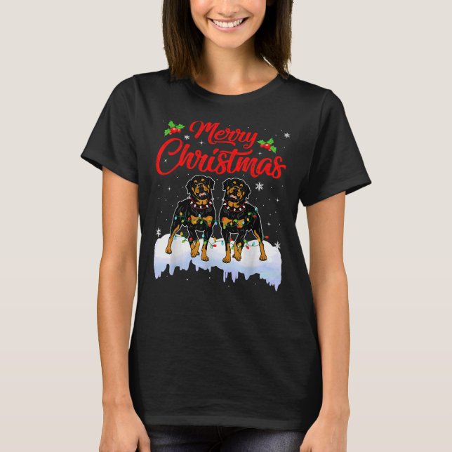 Rottweiler Dog Christmas Lights Fun Hat Santa Xmas T-Shirt (Front)