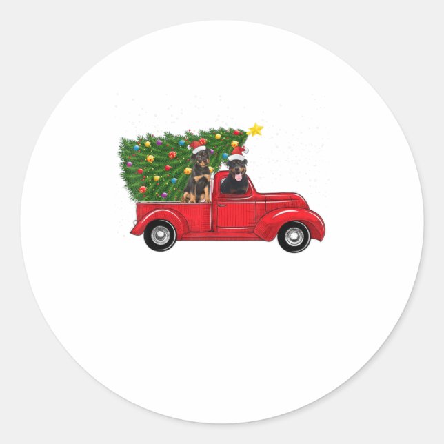 Rottweiler Dog Christmas On Red Car Truck wi Classic Round Sticker (Front)