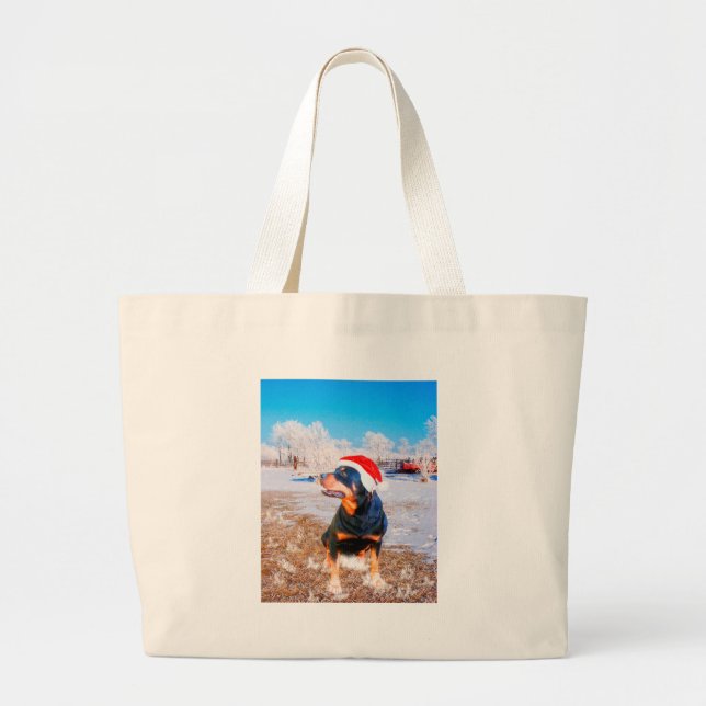 Rottweiler Dog Christmas Painting Large Tote Bag (Front)