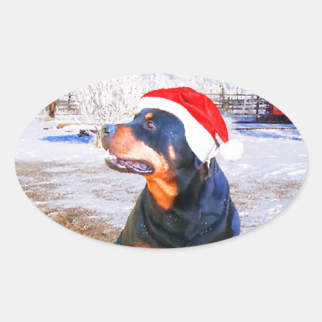 Rottweiler Dog Christmas Painting Oval Sticker (Front)