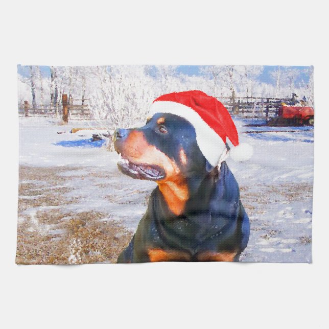 Rottweiler Dog Christmas Painting Tea Towel (Horizontal)