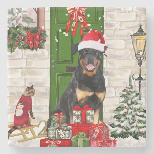 Rottweiler Dog Christmas  Stone Coaster (Front)