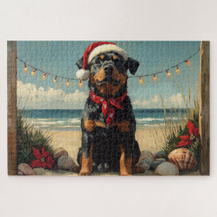 Rottweiler Dog Christmas Vintage Beach  Jigsaw Puzzle