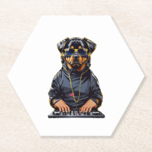 rottweiler Dog Dj with turntables and headphones Paper Coaster
