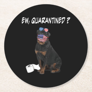 Rottweiler Dog Ew Quarantined Dog Wearing A Face Round Paper Coaster