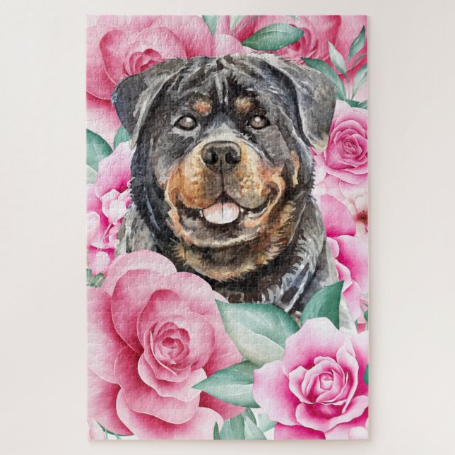 Rottweiler dog face watercolor drawing pink rose jigsaw puzzle (Vertical)