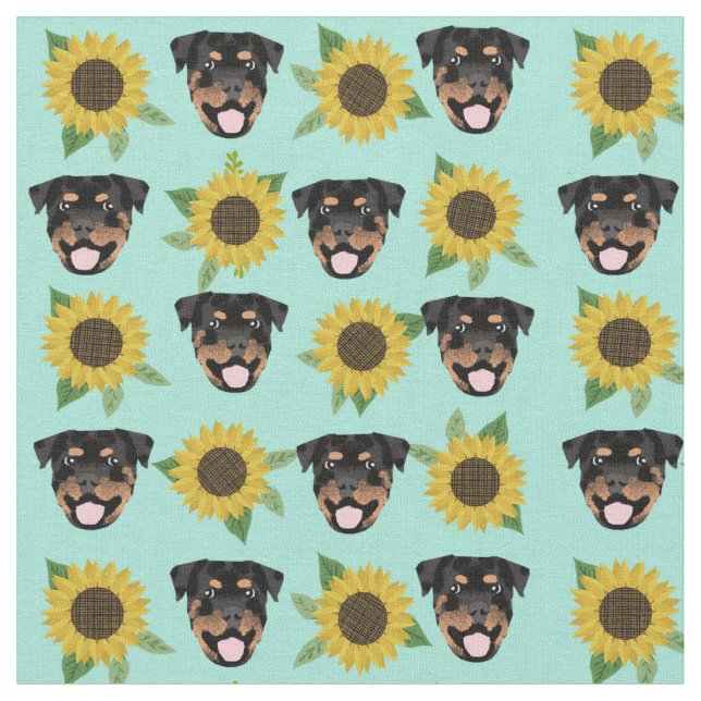 Rottweiler dog faces sunflowers mint fabric (Close Up)