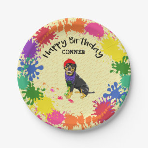 Rottweiler Dog Fun Paint Splash Art Party Paper Plate