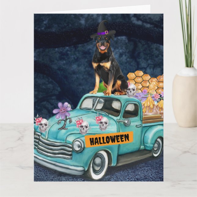 Rottweiler Dog Halloween Truck Scary Night  Card (Front)
