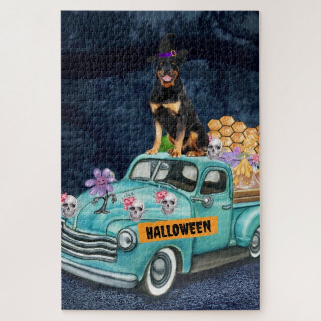 Rottweiler Dog Halloween Truck Scary Night Jigsaw Puzzle (Vertical)