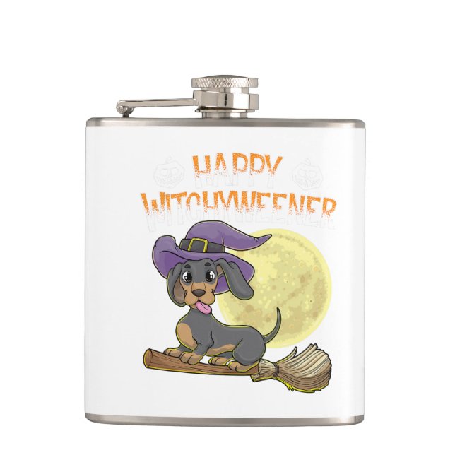 Rottweiler Dog Happy Halloween Witches Hip Flask (Front)