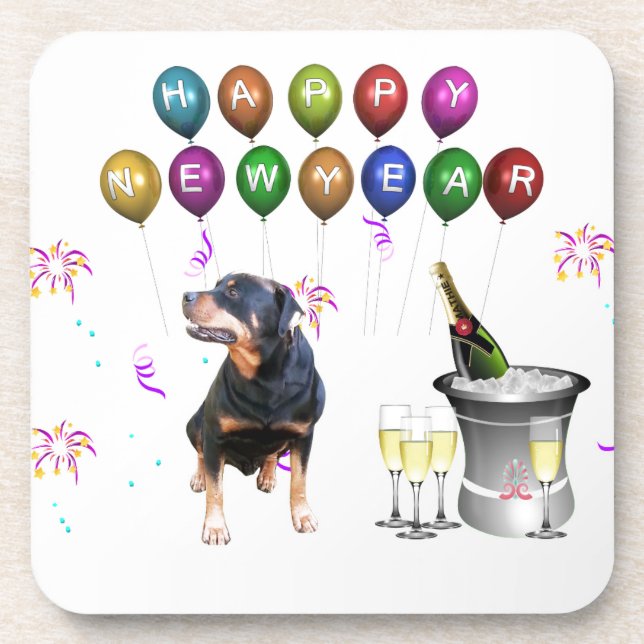 Rottweiler Dog Happy New Year Coaster (Front)