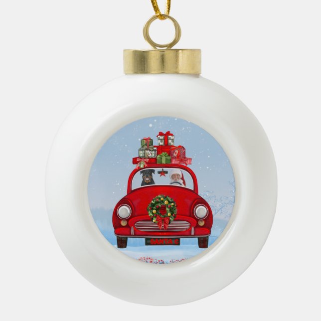 Rottweiler Dog In Car With Santa Claus  Ceramic Ball Christmas Ornament (Front)