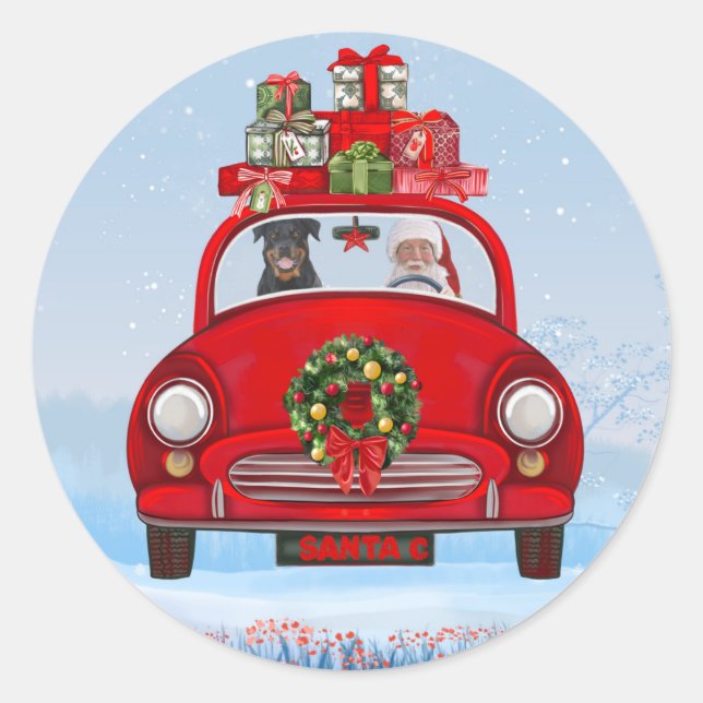 Rottweiler Dog In Car With Santa Claus Classic Round Sticker (Front)