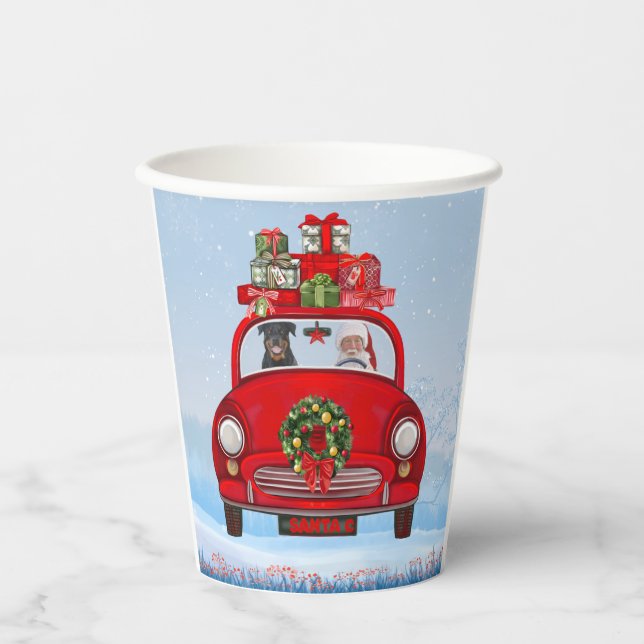 Rottweiler Dog In Car With Santa Claus Paper Cups (Front)