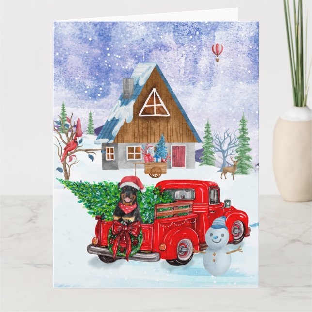 Rottweiler Dog In Christmas Delivery Truck Snow Card (Front)