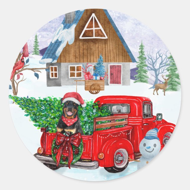 Rottweiler Dog In Christmas Delivery Truck Snow  Classic Round Sticker (Front)