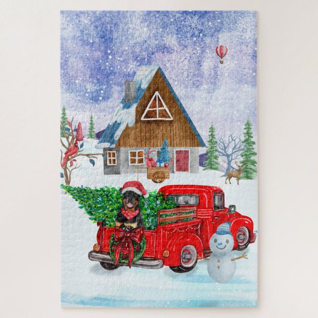 Rottweiler Dog In Christmas Delivery Truck Snow Jigsaw Puzzle (Vertical)