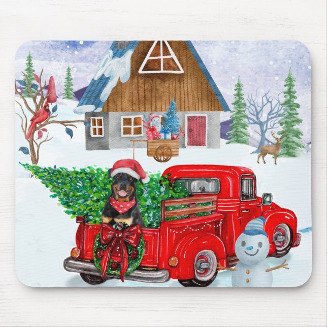 Rottweiler Dog In Christmas Delivery Truck Snow Mouse Mat (Front)