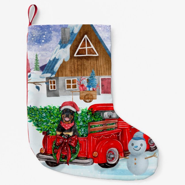 Rottweiler Dog In Christmas Delivery Truck Snow Small Christmas Stocking (Front)