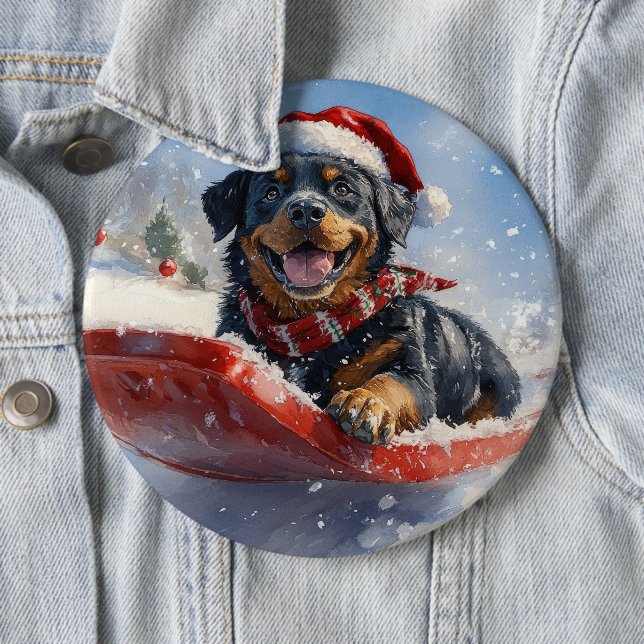 Rottweiler Dog in Sledge Let it Snow Christmas 6 Cm Round Badge (In Situ)