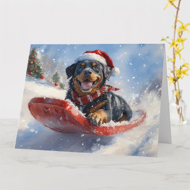 Rottweiler Dog in Sledge Let it Snow Christmas Card (Yellow Flower)