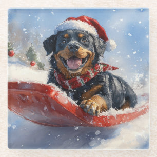 Rottweiler Dog in Sledge Let it Snow Christmas Glass Coaster
