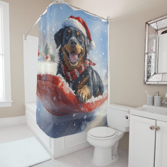 Rottweiler Dog in Sledge Let it Snow Christmas Shower Curtain (In Situ)