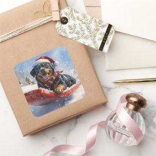 Rottweiler Dog in Sledge Let it Snow Christmas Square Sticker