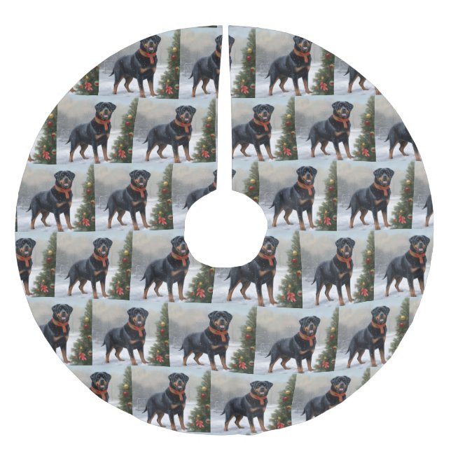 Rottweiler Dog in Snow Christmas Brushed Polyester Tree Skirt (Front)