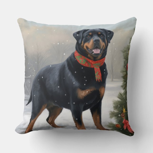 Rottweiler Dog in Snow Christmas Cushion (Front)