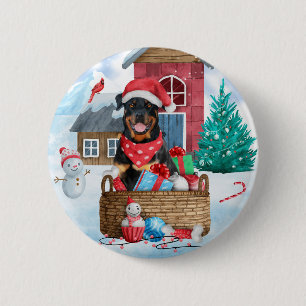 Rottweiler Dog In snow Christmas Dog House  6 Cm Round Badge