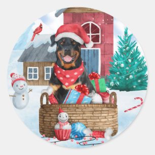 Rottweiler Dog In snow Christmas Dog House Classic Round Sticker