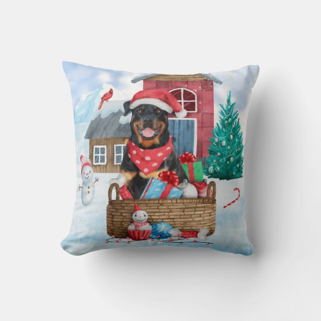 Rottweiler Dog In snow Christmas Dog House Cushion (Front)