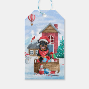 Rottweiler Dog In snow Christmas Dog House Gift Tags