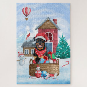 Rottweiler Dog In snow Christmas Dog House Jigsaw Puzzle