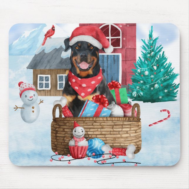 Rottweiler Dog In snow Christmas Dog House  Mouse Mat (Front)