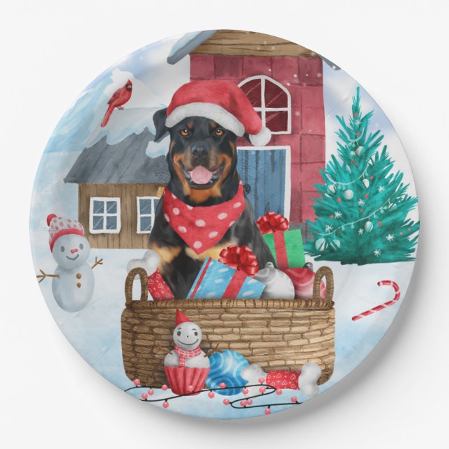 Rottweiler Dog In snow Christmas Dog House Paper Plate (Front)