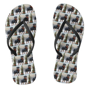 Rottweiler Dog in Snow Christmas Flip Flops