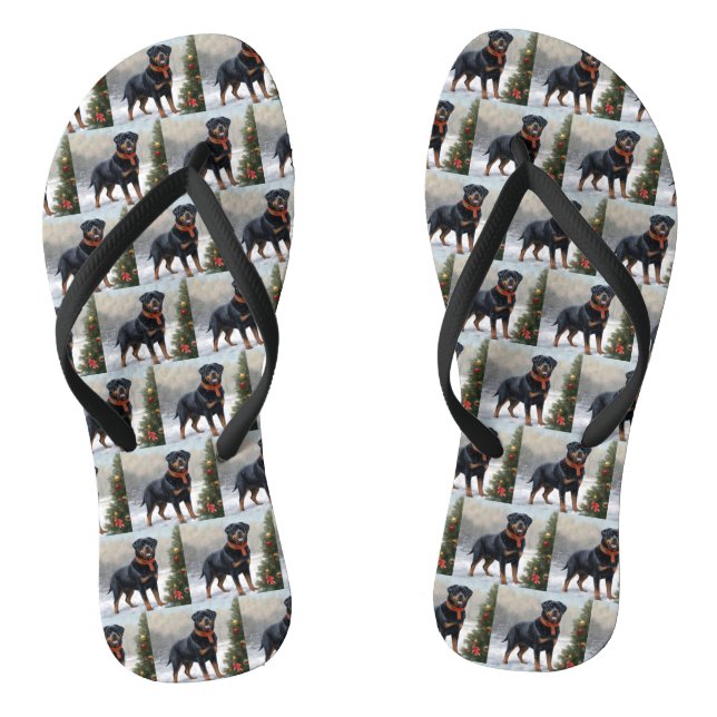 Rottweiler Dog in Snow Christmas Flip Flops (Footbed)