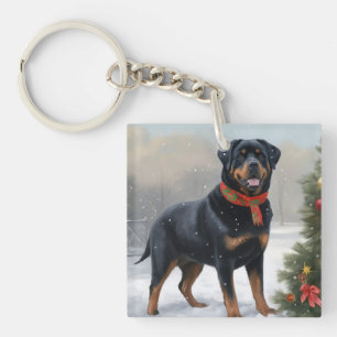 Rottweiler Dog in Snow Christmas Key Ring