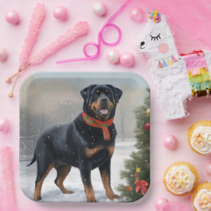 Rottweiler Dog in Snow Christmas Paper Plate