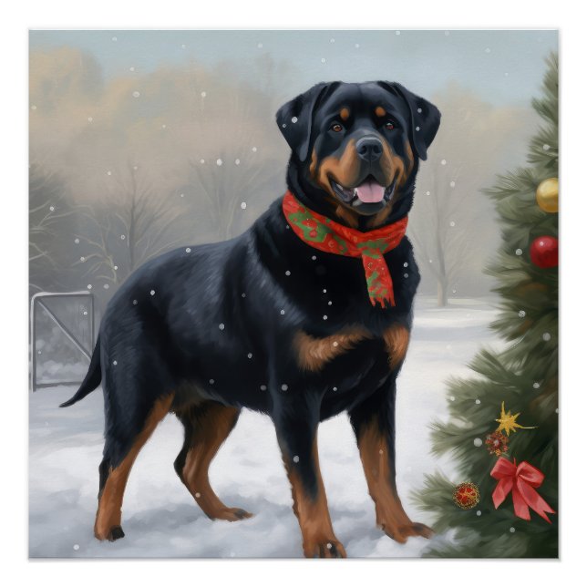 Rottweiler Dog in Snow Christmas Poster (Front)