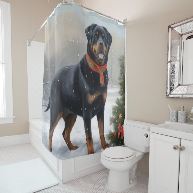 Rottweiler Dog in Snow Christmas Shower Curtain (In Situ)