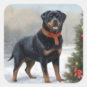 Rottweiler Dog in Snow Christmas Square Sticker