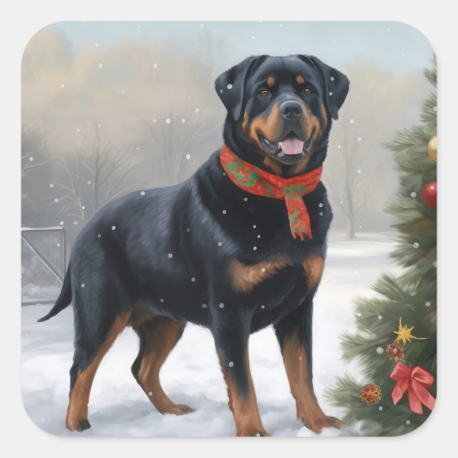 Rottweiler Dog in Snow Christmas Square Sticker (Front)