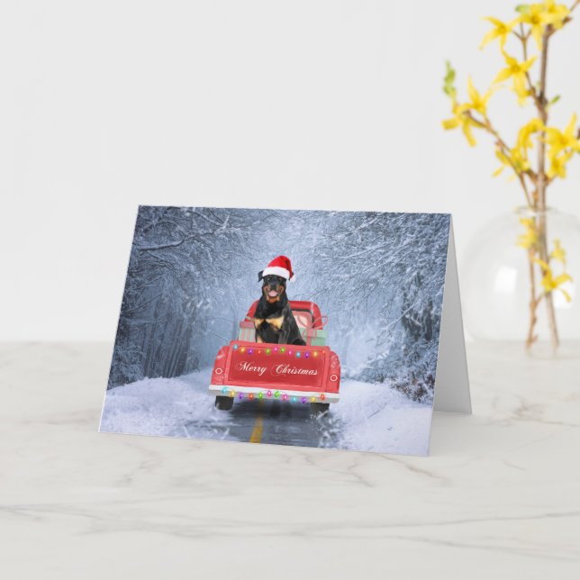 Rottweiler Dog in Snow sitting in Christmas Truck Card (Yellow Flower)