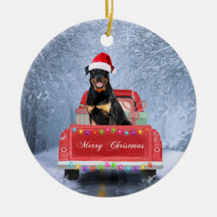 Rottweiler Dog in Snow sitting in Christmas Truck Ceramic Tree Decoration