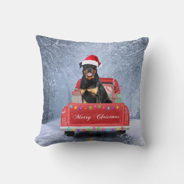 Rottweiler Dog in Snow sitting in Christmas Truck  Cushion (Front)