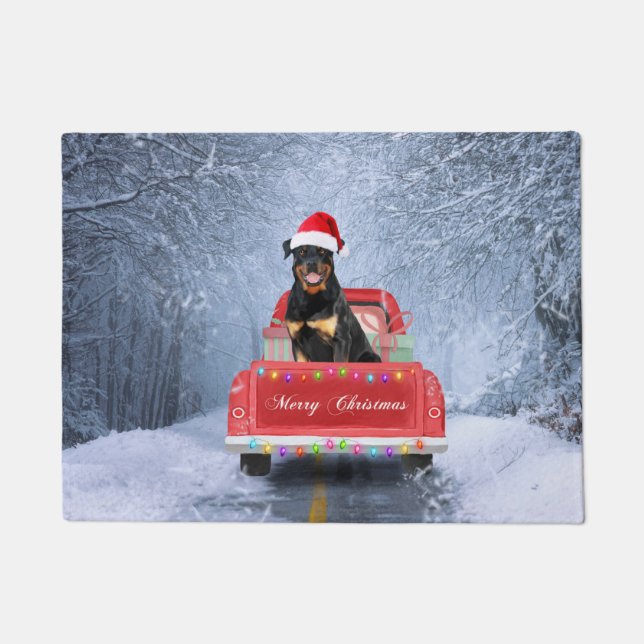 Rottweiler Dog in Snow sitting in Christmas Truck  Doormat (Front)